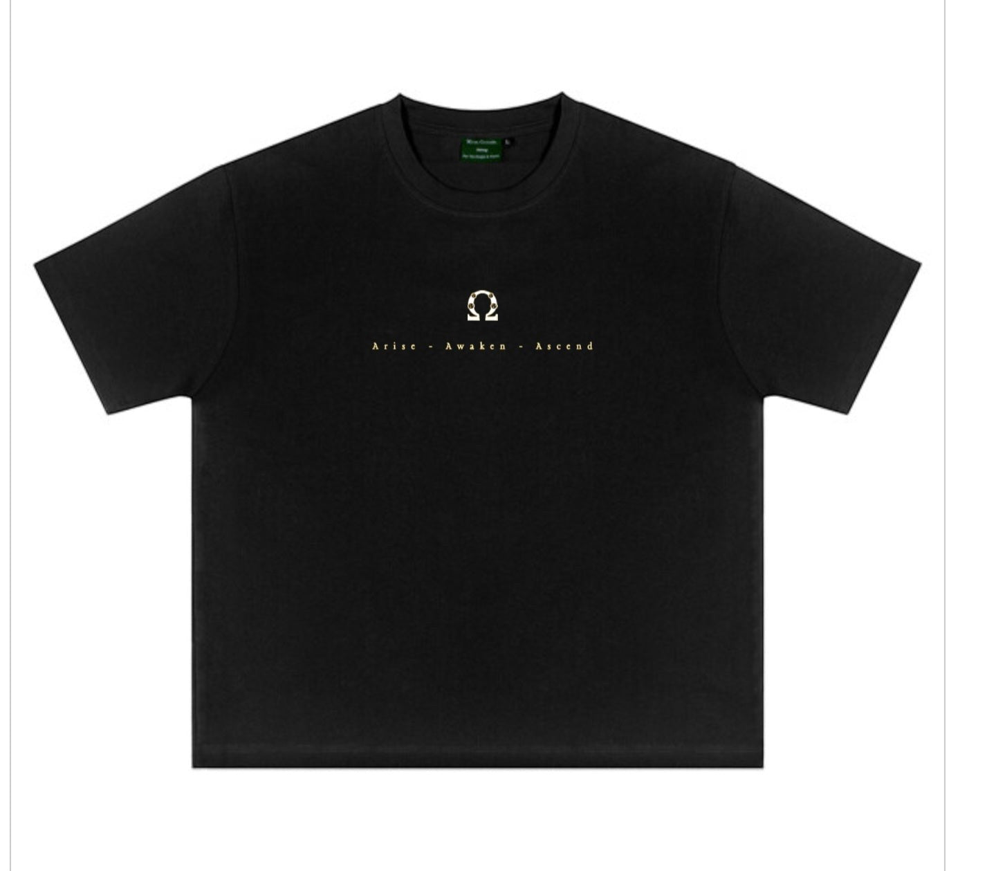 Skyepiea black hemp and organic cotton t-shirt with gold warrior-inspired graphic and text 'Arise - Awaken - Ascend'.