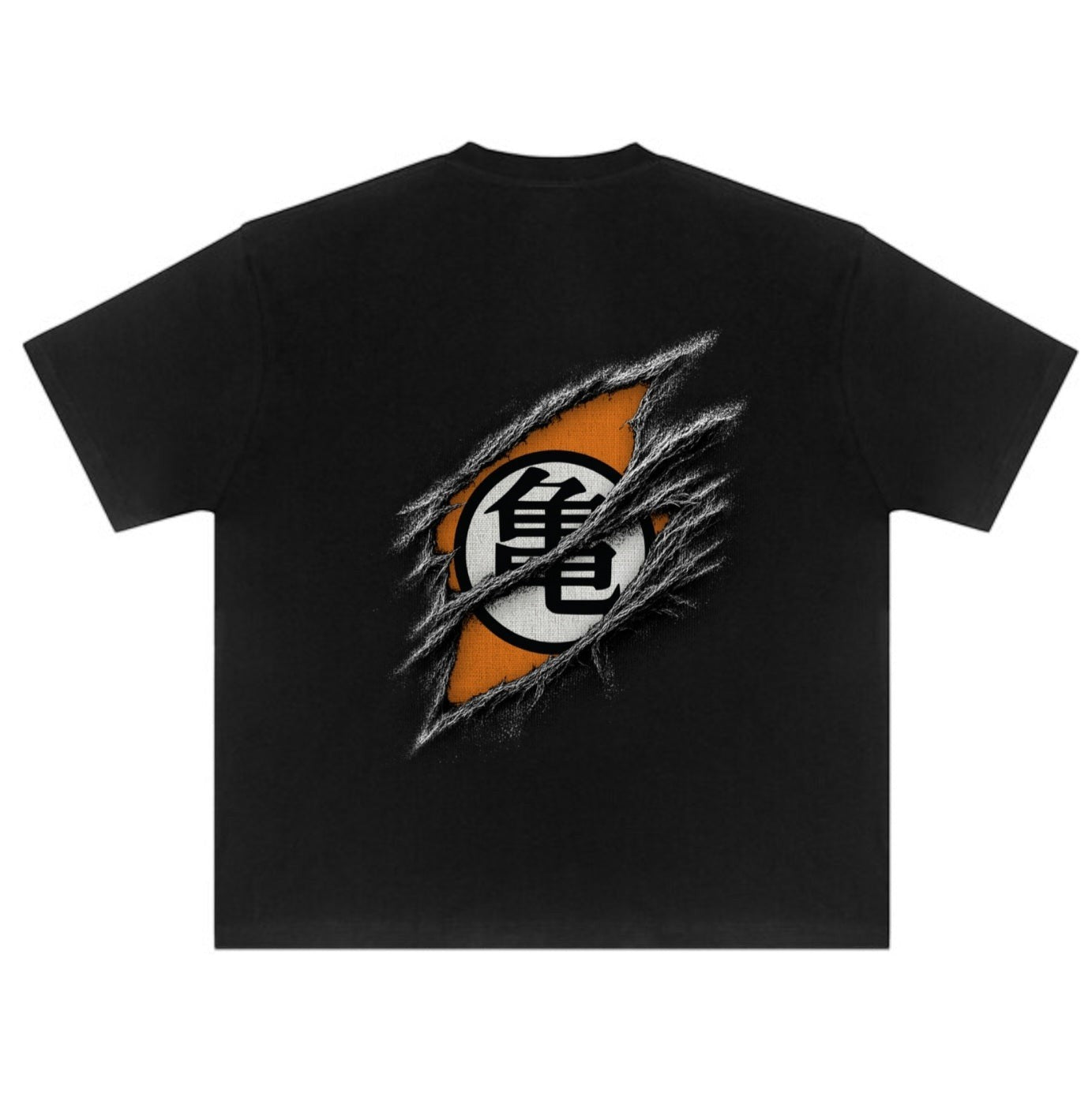 Skyepiea black hemp and organic cotton t-shirt with ripped effect revealing an orange circle with a Japanese symbol.