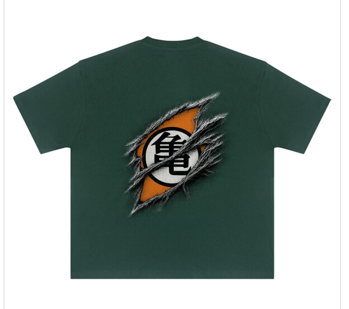 Skyepiea Arise Warrior Hemp Tee in dark green with ripped effect revealing a white circle with a black Japanese symbol.