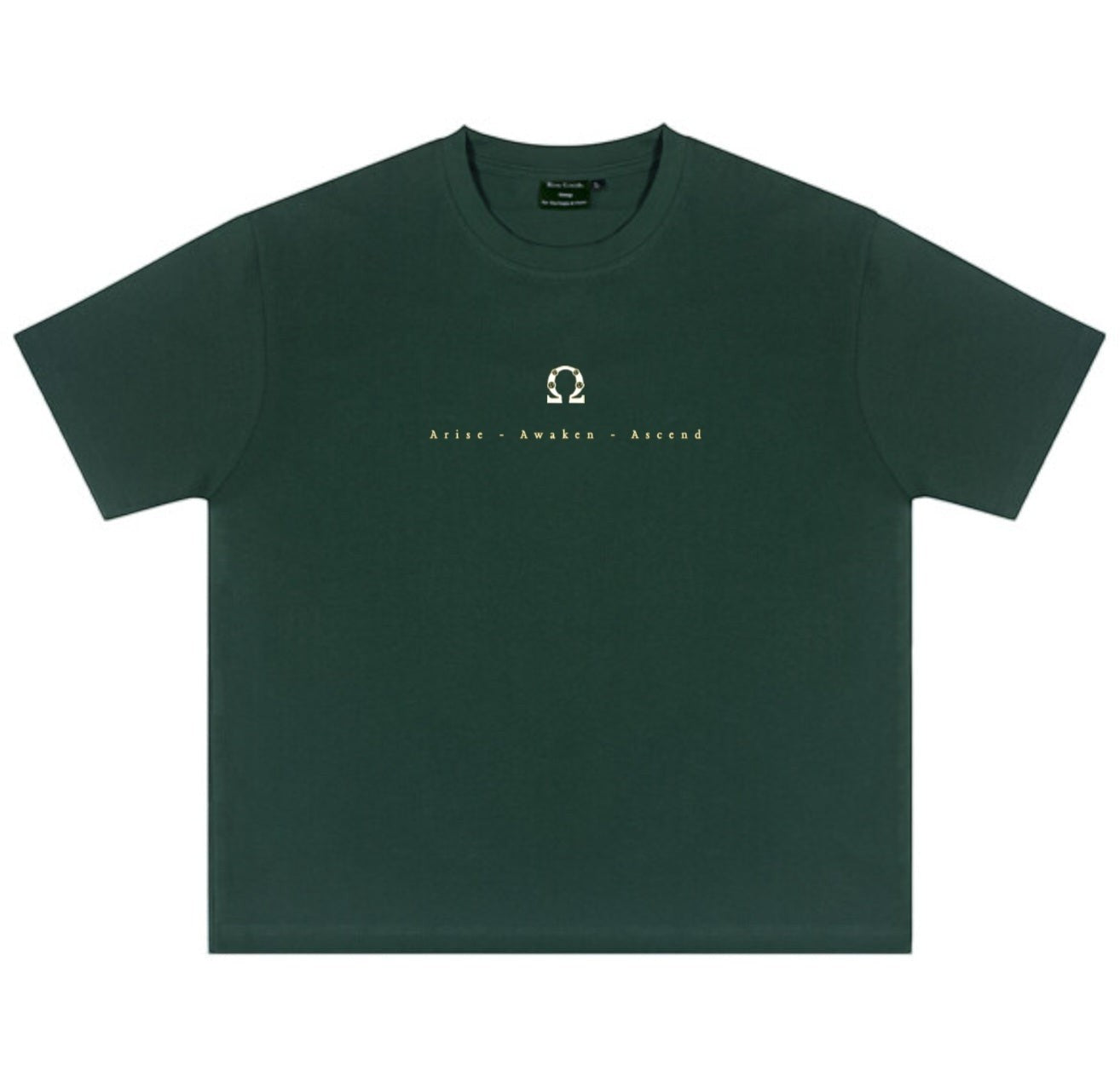 Skyepiea Arise Warrior Hemp Tee in dark green, made from 50% hemp and 50% organic cotton, featuring a relaxed athletic fit and minimalist warrior-inspired graphic.
