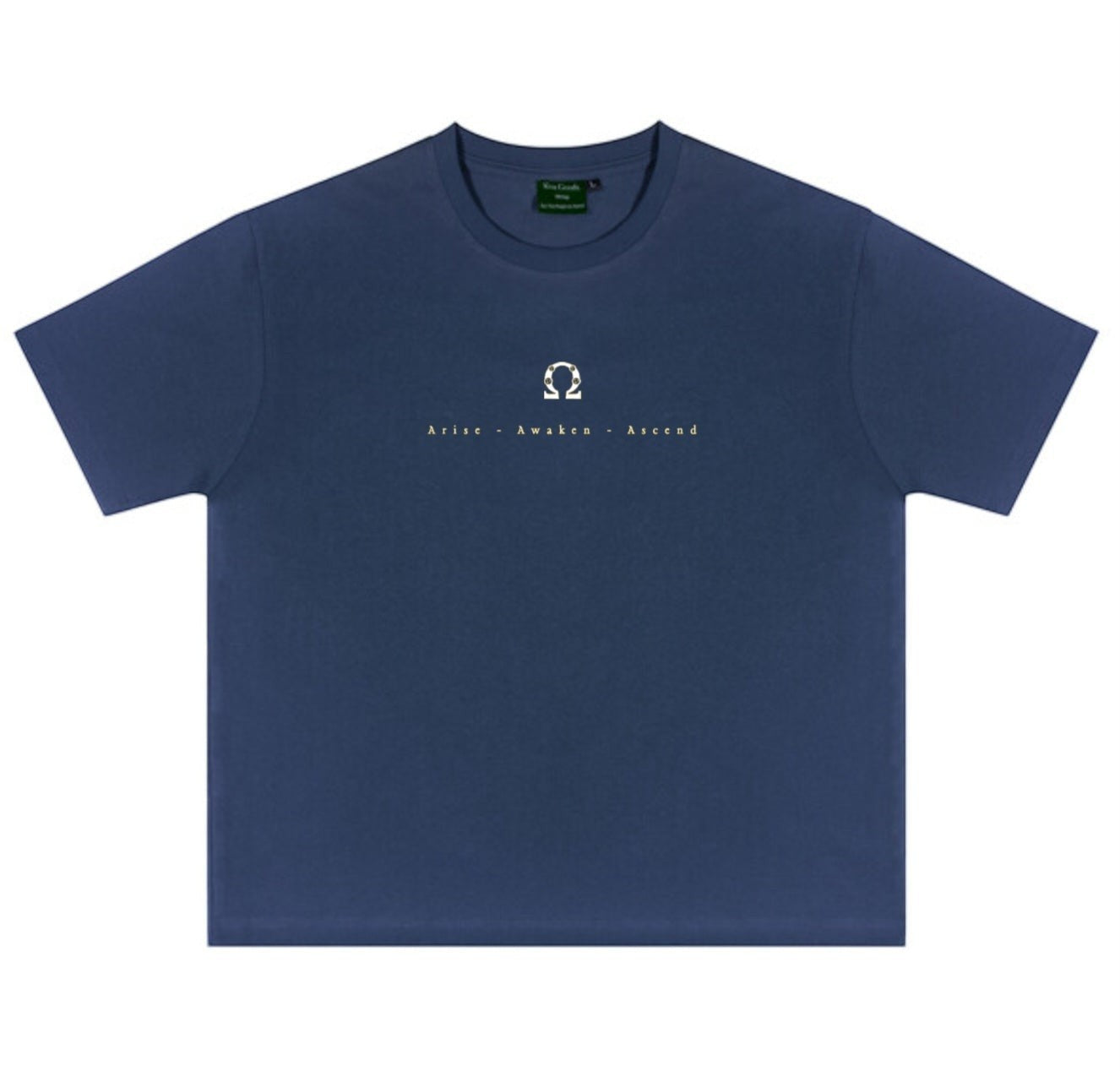 Skyepiea navy blue hemp and organic cotton t-shirt with 'Arise - Awaken - Ascend' text and graphic.