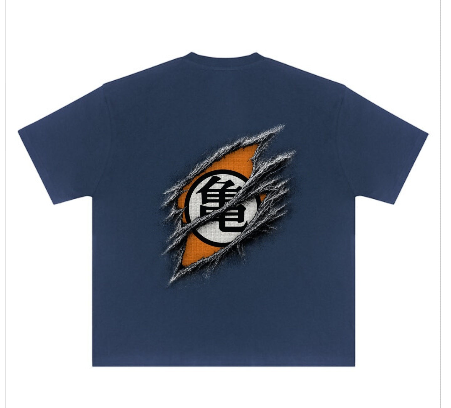 Skyepiea Arise Warrior Hemp Tee in navy blue, featuring a ripped effect revealing an orange circle with a Japanese character.