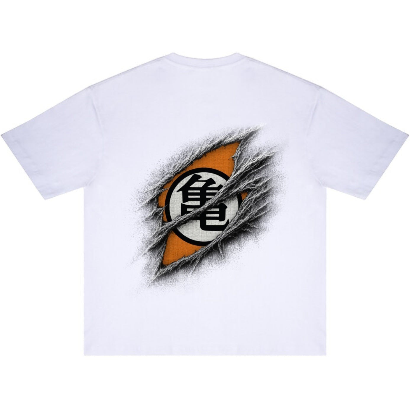 Skyepiea white t-shirt with a ripped effect revealing an orange circle with a black Japanese symbol.